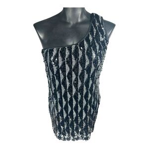 California Girlz Vintage One Shoulder Top Size XL Black Silver Sequins Stretchy